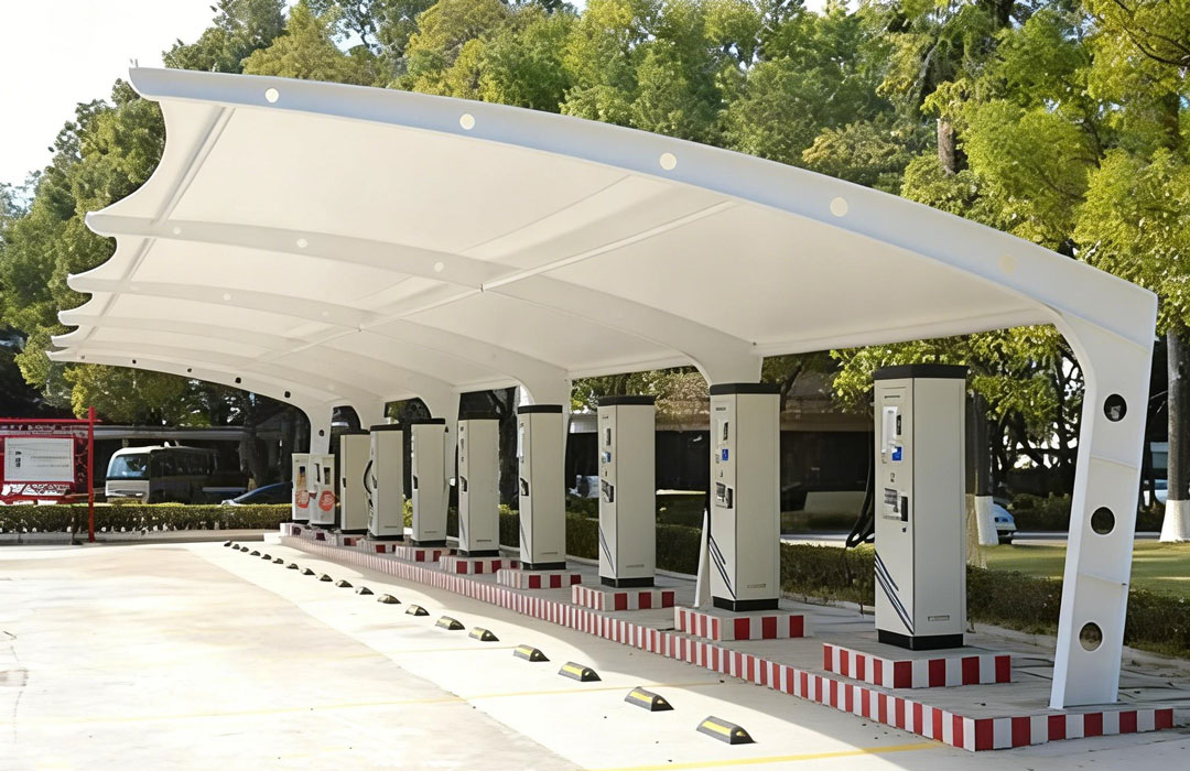 EV Charging Station PVDF Fabric Durability Canopy Dossel de durabilidade de tecido PVDF da estação de carregamento EV