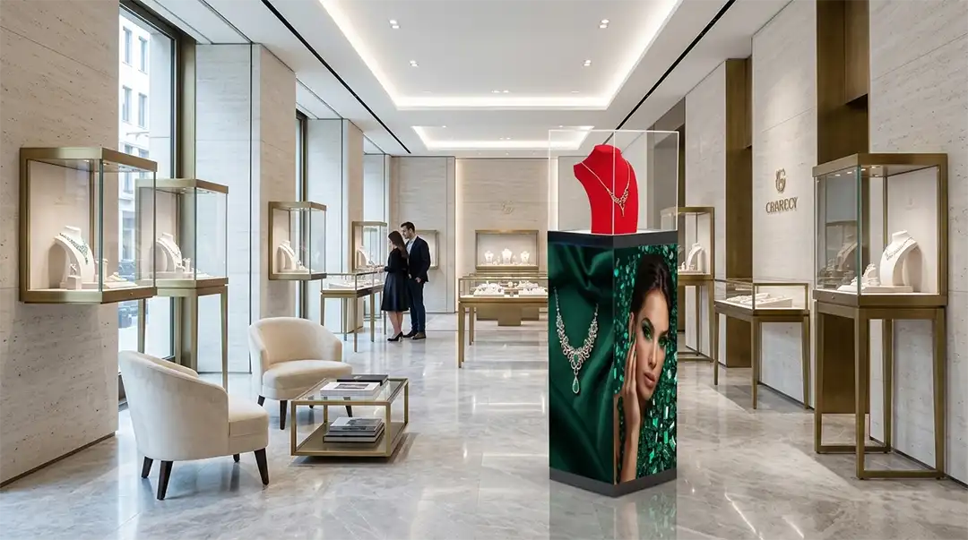 Adhaiwell fixou vitrine de pedestal de LED sem costura de 4 lados em boutique de joias de luxo