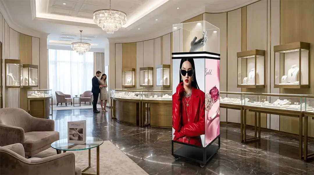 Vitrine de pedestal de LED sem costura de 4 lados com rodas Adhaiwell em boutique de joias de luxo