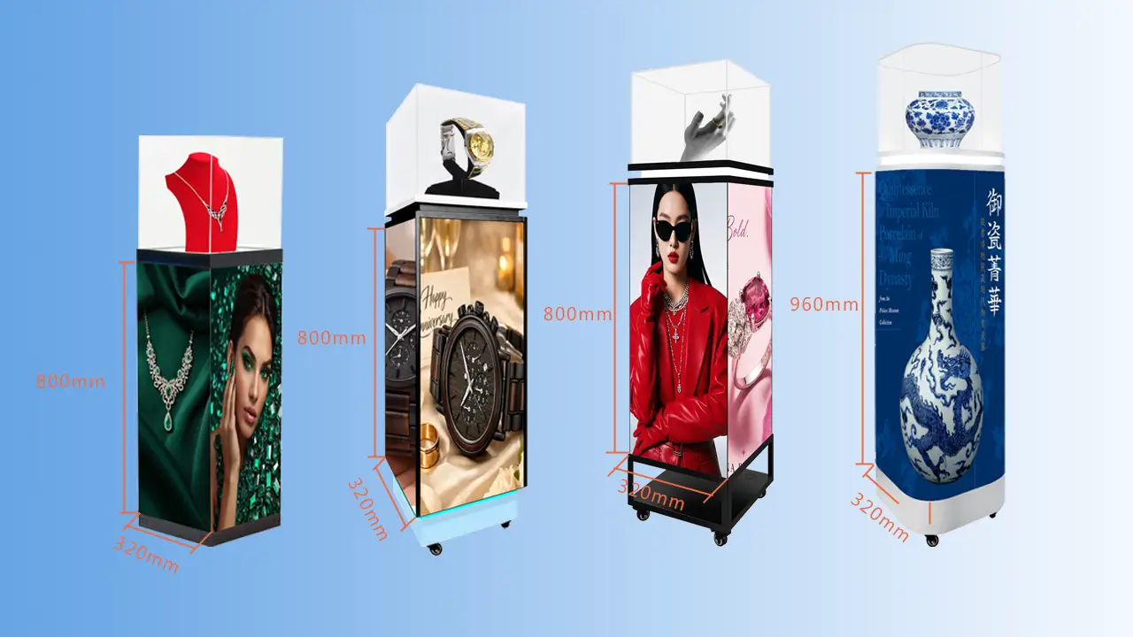 Adhaiwell 4 Estilos 3D LED Pedestal Display Cases - CrystalView Showcase Series